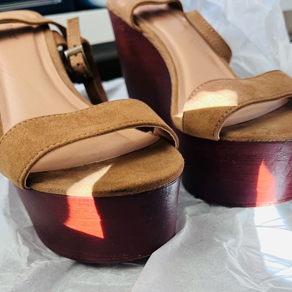 Brown Tan Wedge Ankle Strap Sandals bamboo